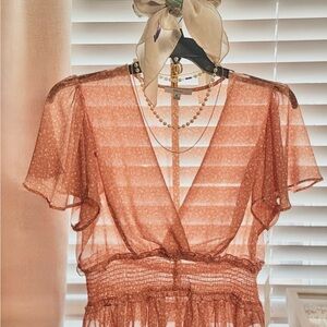 Orange and Pink Sheer Flutter Sleeve Blouse